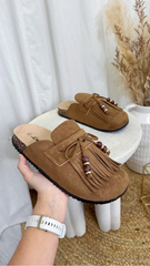 Suede Finish Comfort Slides Mules -Brown
