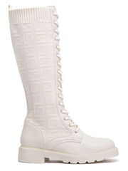 Lace-Up Round Toe Knee-High Boots -Beige