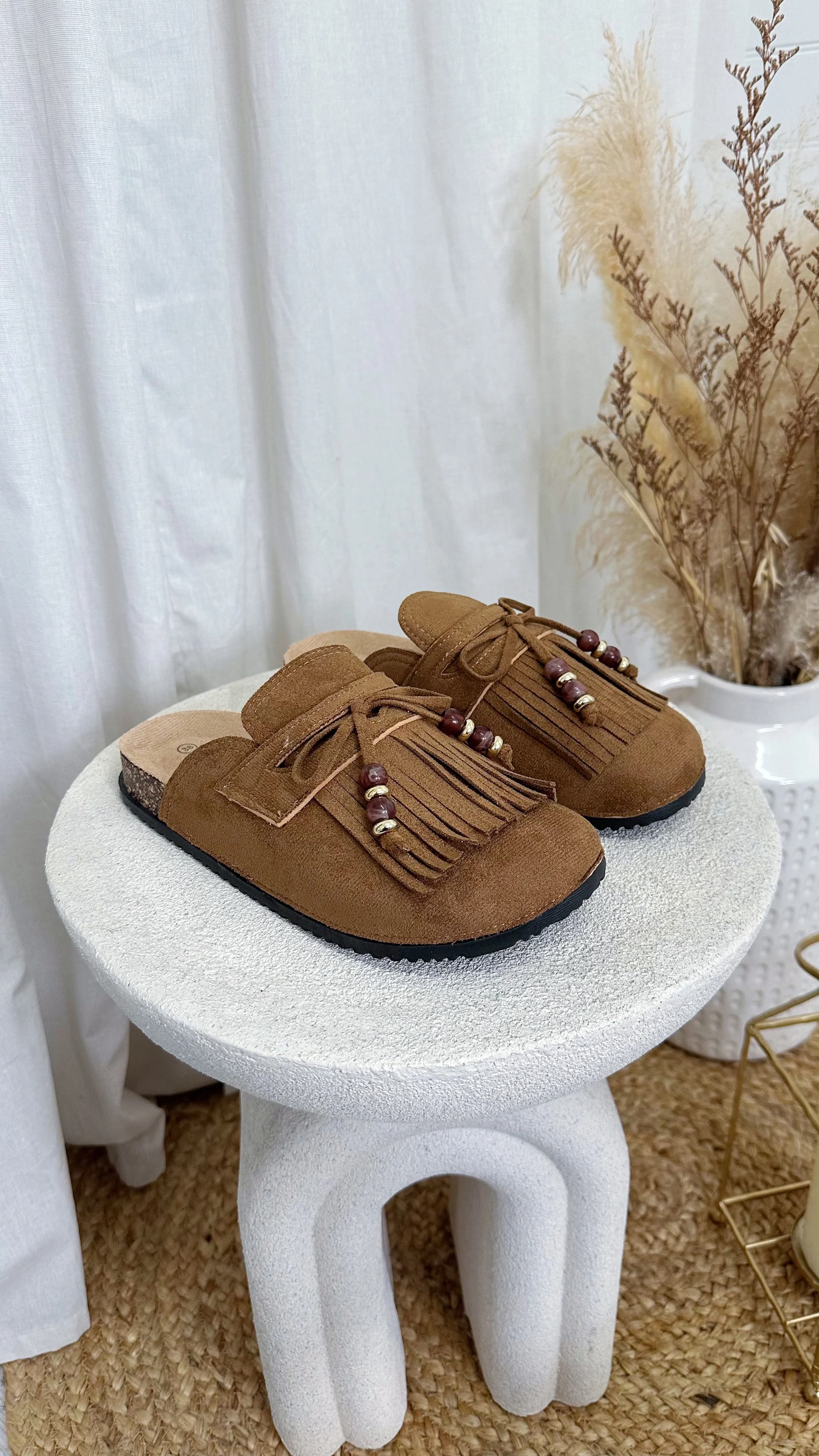 Suede Finish Comfort Slides Mules -Brown