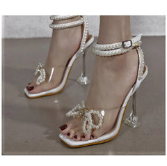 Pearl Bow Ankle Strap Stilettos -Silver