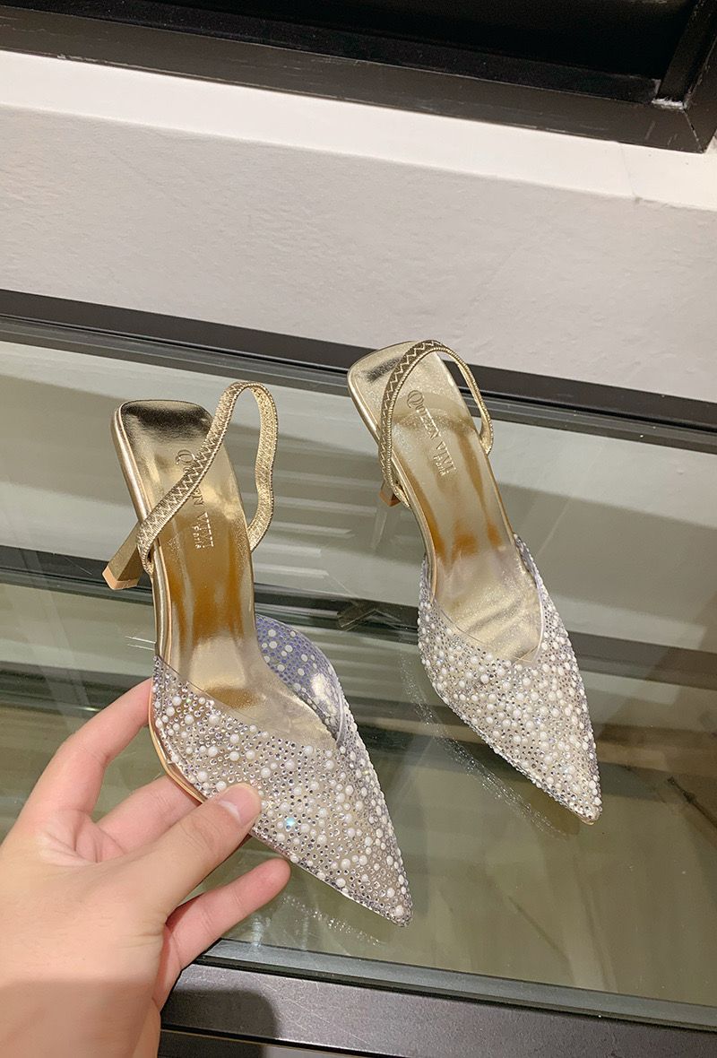 Crystal-Embellished Pointed-Toe Slingback Heels -Gold
