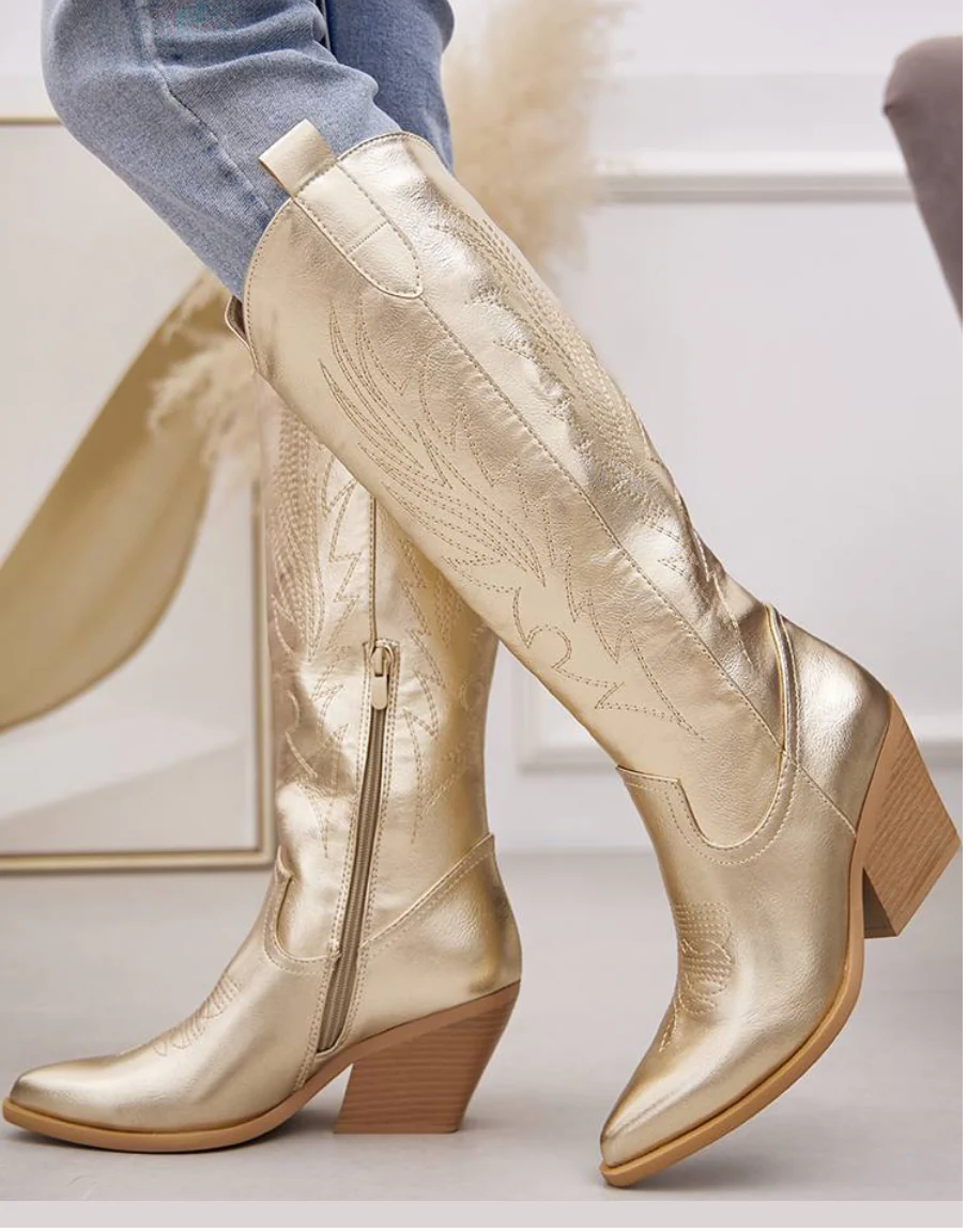 Western Knee-High Cowboy Boots with Block Heel & Side Zipper -Gold