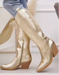 Western Knee-High Cowboy Boots with Block Heel & Side Zipper -Gold