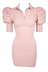 Puff Sleeve Shirt Dress -Pink