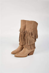 Suede Layered Fringe Knee-High Cowboy Boots -Khaki