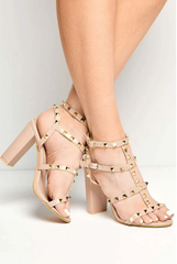Studded Strappy High Block Heel -Beige