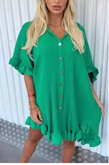 Buttoned Frill Smock Shirt Dress -Green