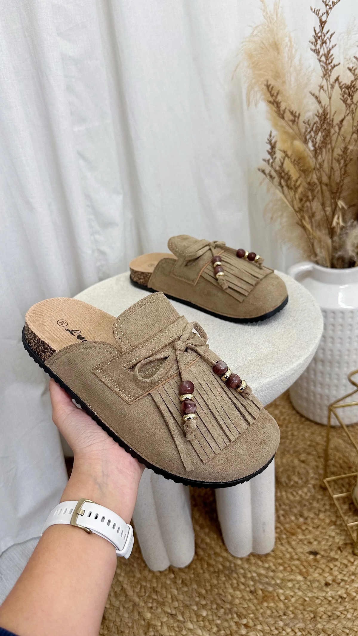 Suede Finish Comfort Slides Mules -Beige
